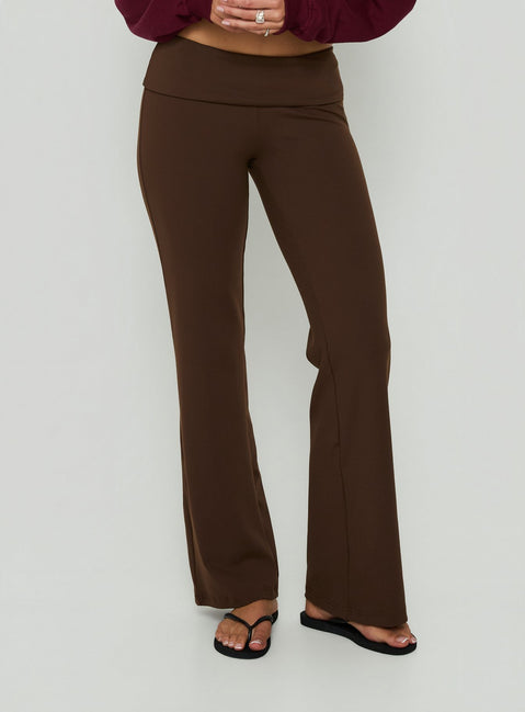 Featuring Daily Define Foldover Waist Pants Brown womens-regular-pants with high-rise detail Princess Polly