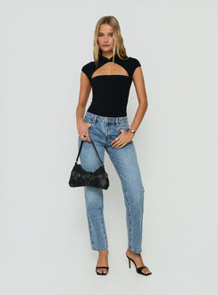 Crafted from black fabric the Vivianna Keyhole Cap Sleeve Bodysuit womens-bodysuit featuring short sleeves side view of model wearing Princess Polly