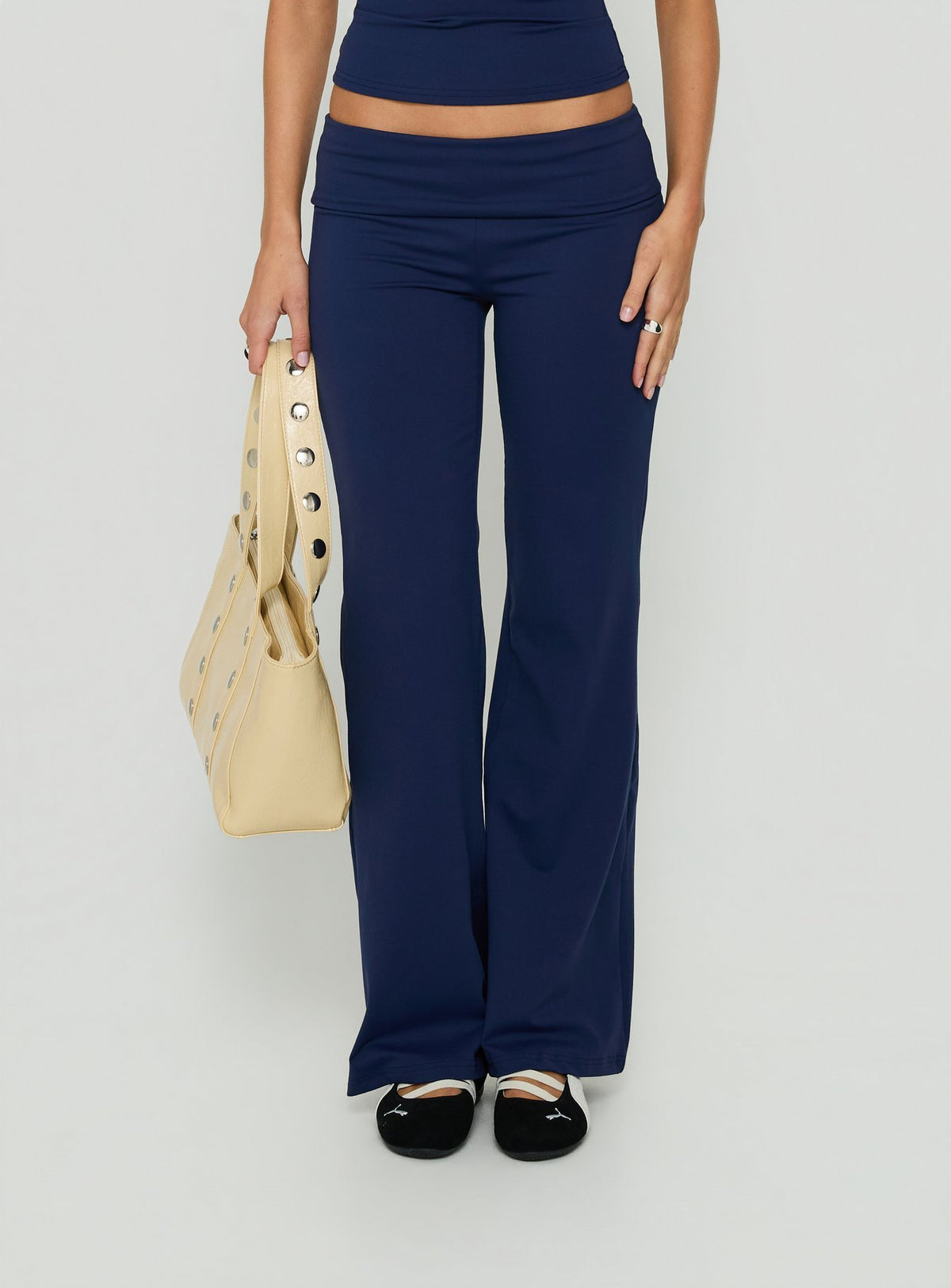 Featuring the Daily Define Foldover Waist Pants Navy womens-regular-pants with high-rise wide-leg design product Princess Polly