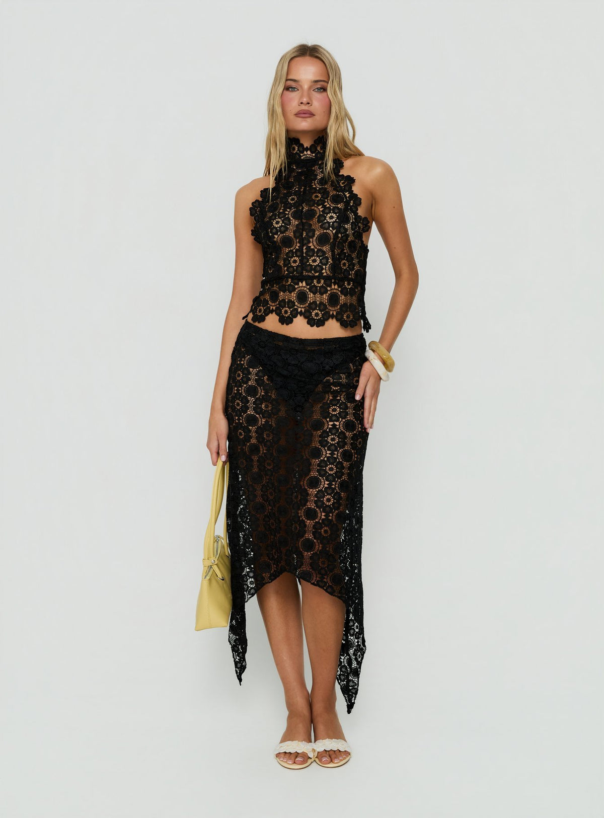 Discover the Trophy Sheer Midi Skirt Black womens-skirts featuring fitted lace and asymmetry Princess Polly