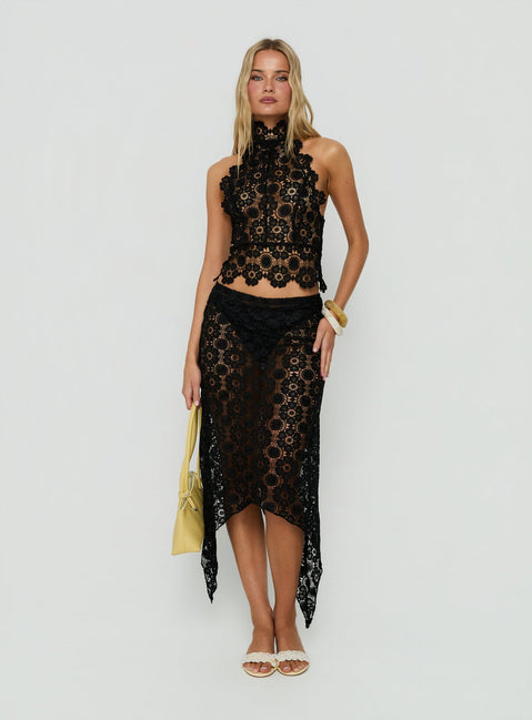 Discover the Trophy Sheer Midi Skirt Black womens-skirts featuring fitted lace and asymmetry Princess Polly