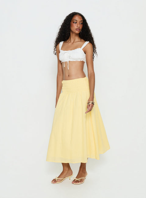   front view of model wearing Princess Polly Vence Ruched Maxi Skirt Lemon Yellow Maxi Skirts Skirts 