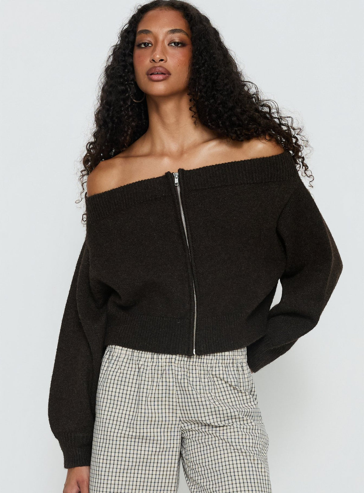 front view of model wearing Princess Polly Ortensa Off Shoulder Zip Through Jumper Brown Jumpers 