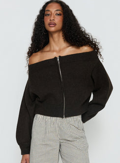 front view of model wearing Princess Polly Ortensa Off Shoulder Zip Through Jumper Brown Jumpers 