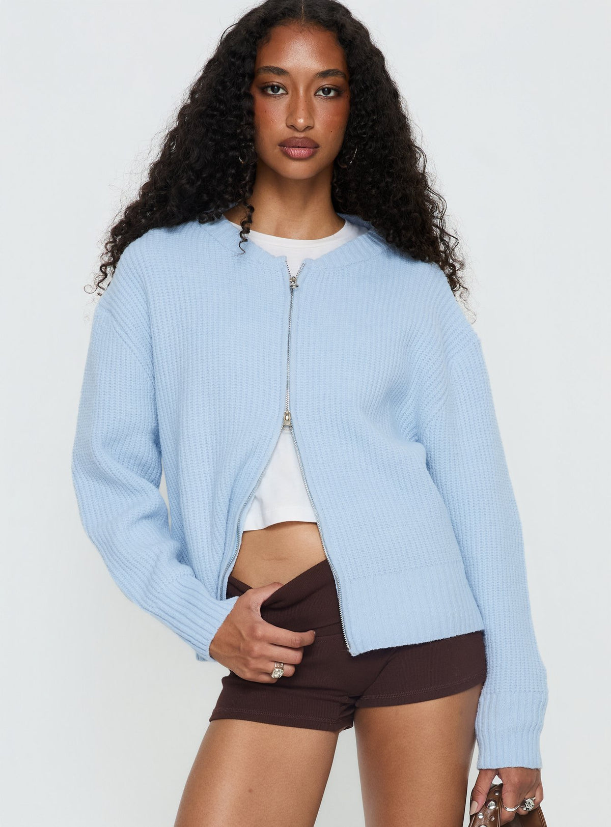 front view of model wearing Princess Polly Lexene Zip Through Jumper Baby Blue Longline Jumpers Jumpers 