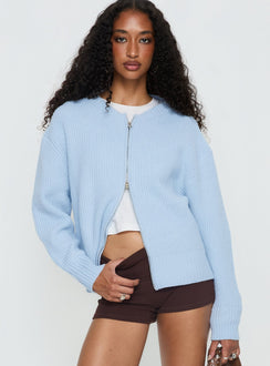 front view of model wearing Princess Polly Lexene Zip Through Jumper Baby Blue Longline Jumpers Jumpers 