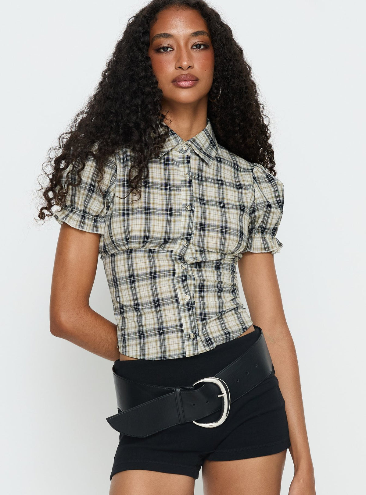Maxfield Collared Button Up Blouse Top Multi Check