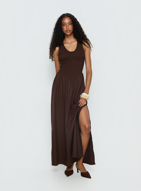 Highgate Drop Waist Pleat Detail Maxi Dress Chocolate
