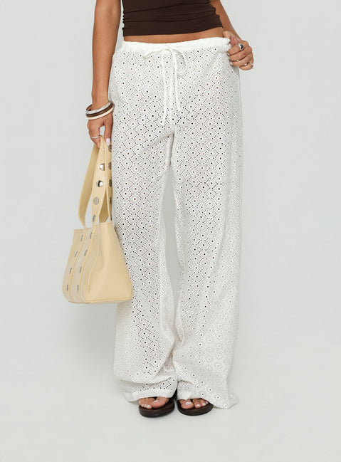 Featuring the Lindora Drawstring Wide Leg Pants White Broderie in womens-regular-pants with mid-rise waist and lace detail Princess Polly