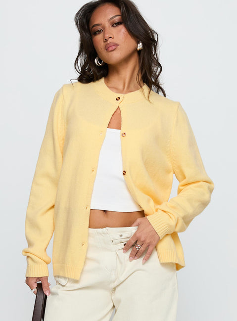 front view of model wearing Princess Polly Arica Button Up Knit Cardigan Lemon Longline Jumpers Jumpers 