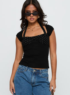 front view of model wearing Princess Polly Emberglow Top Black / Polka Short Sleeves Square Neck 