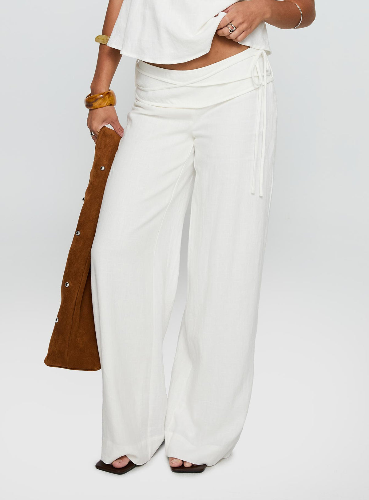 Crafted from linen blend Silver Moon Tie Pants White Tall womens-regular-pants high-rise detail Princess Polly