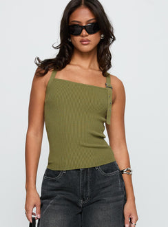 front view of model wearing Princess Polly Bare It All Buckle Detail Top Green Sleeveless Square Neck 
