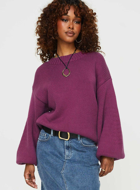 front view of model wearing Princess Polly Harmony Balloon Sleeve Knit Sweater Burgundy Jumpers 
