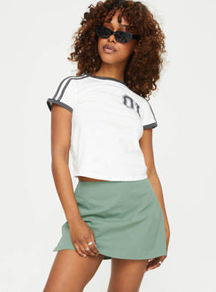 front view of model wearing Princess Polly Gigi Skort Olive High Waisted Shorts 