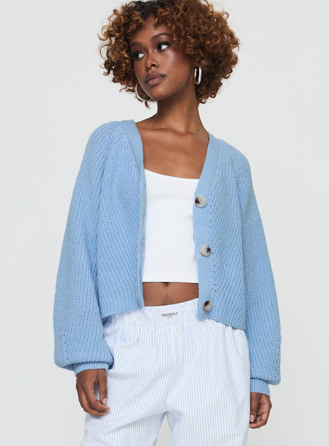 front view of model wearing Princess Polly Leskie Cardigan Pale Blue Cropped Jumpers Jumpers 