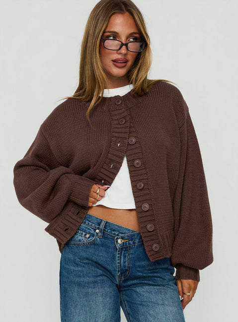 Showcasing the Edern Cardigan Chocolate womens-jumpers in short length front view of model wearing Princess Polly