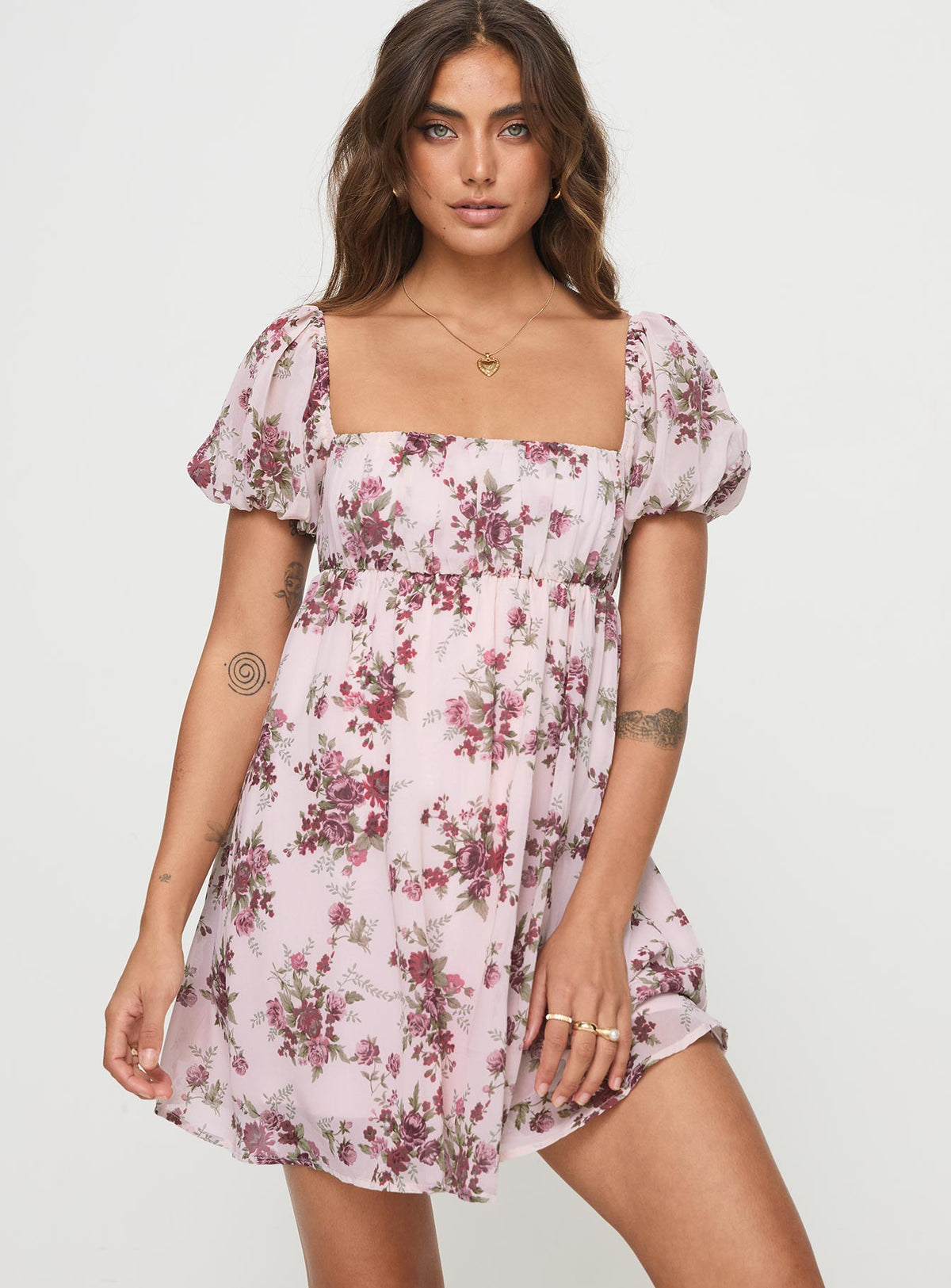 front view of model wearing Princess Polly Let's Dance Mini Dress Cream Floral Square Neck 