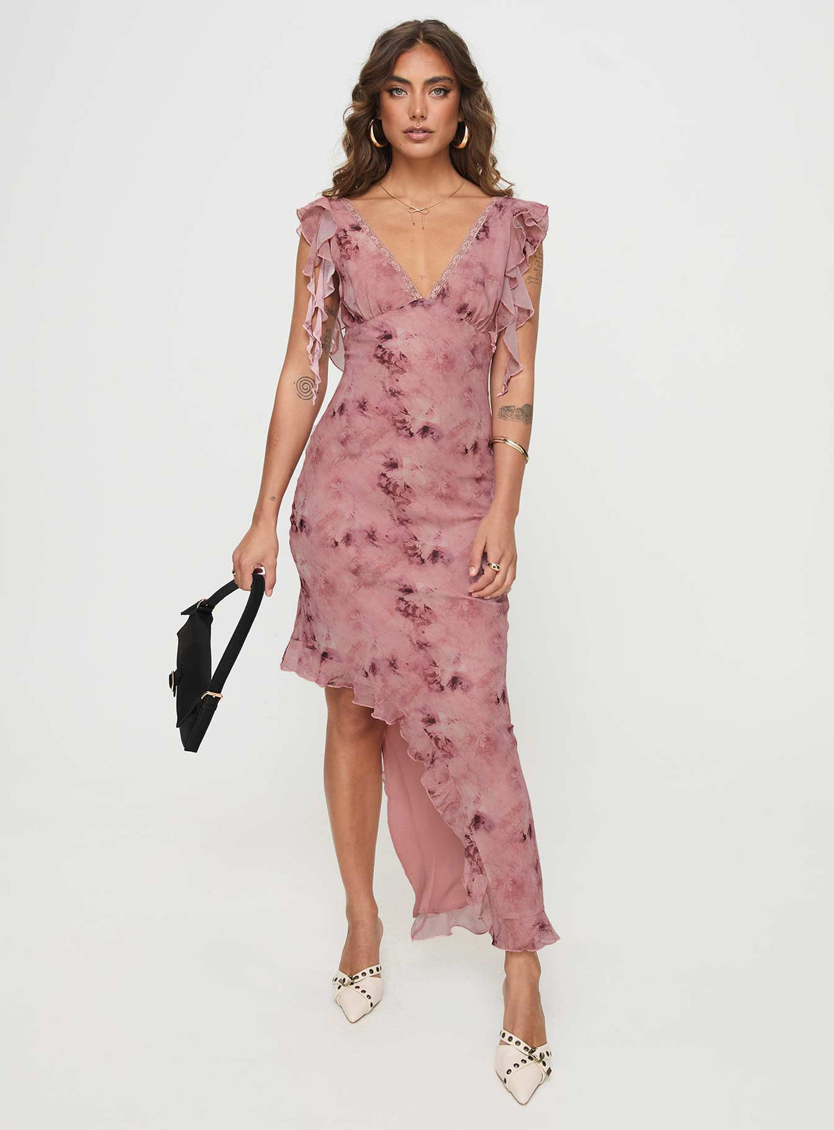 front view of model wearing Princess Polly Vestige Midi Dress Pink Plunger 