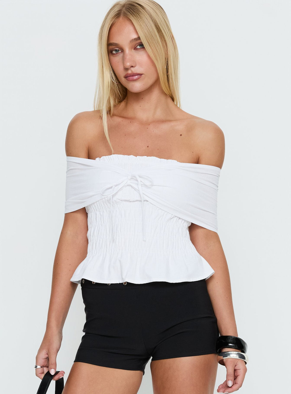 Avalynn Off Shoulder Shirred Top White