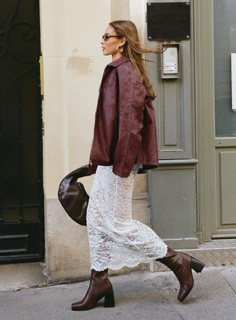   side view of model wearing Princess Polly Lombardio Lace Maxi Skirt White Maxi Skirts Skirts 