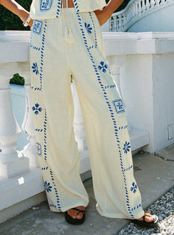 side view of model wearing Princess Polly Grazia Pants Cream / Blue Pants 