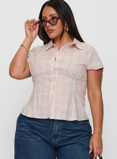 front view of model wearing Princess Polly Cottesloe Blouse Top Pink Check Curve Short Sleeves V-Neck 