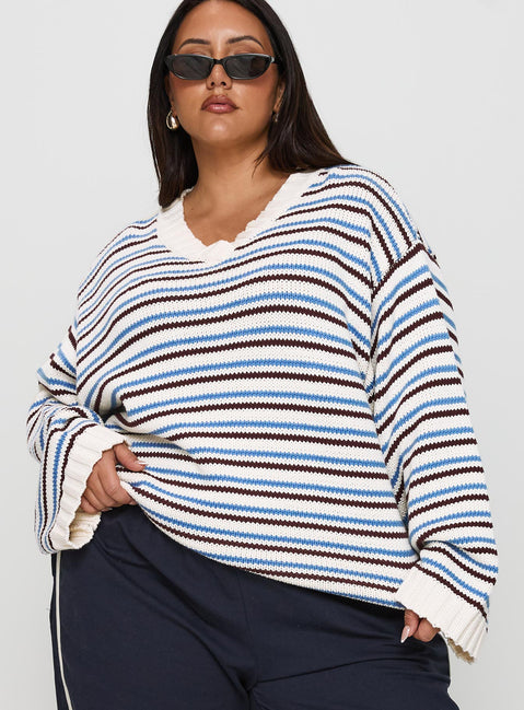 front view of model wearing Princess Polly Karolyn Sweater Blue Stripe Curve Jumpers 