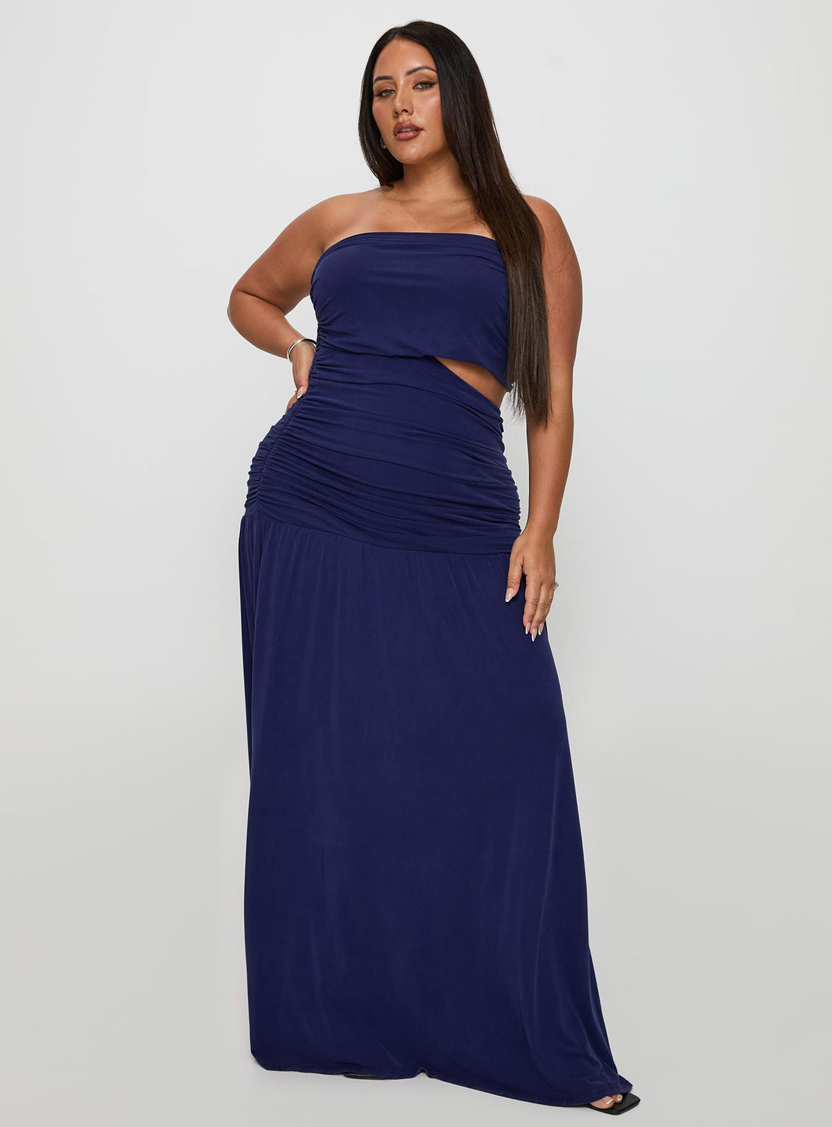 front view of model wearing Princess Polly Grandeur Strapless Maxi Dress Navy Curve Straight Neck 