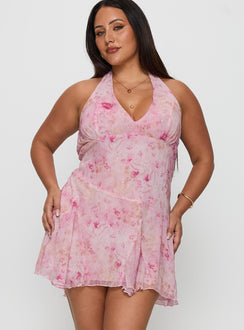 back view of model wearing Princess Polly Valorie Halter Mini Dress Pink Curve Plunger 
