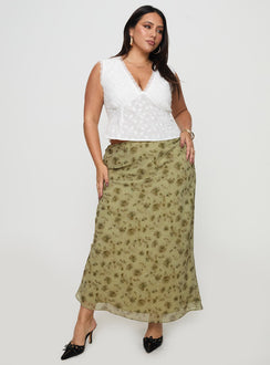   front view of model wearing Princess Polly Piazia Maxi Skirt Green Curve Maxi Skirts Skirts 