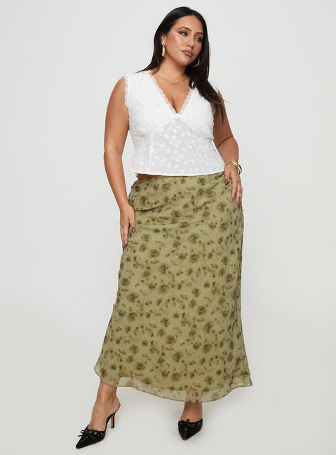   front view of model wearing Princess Polly Piazia Maxi Skirt Green Curve Maxi Skirts Skirts 