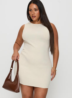 front view of model wearing Princess Polly Mayok Mini Dress Cream Curve Crew Neck 