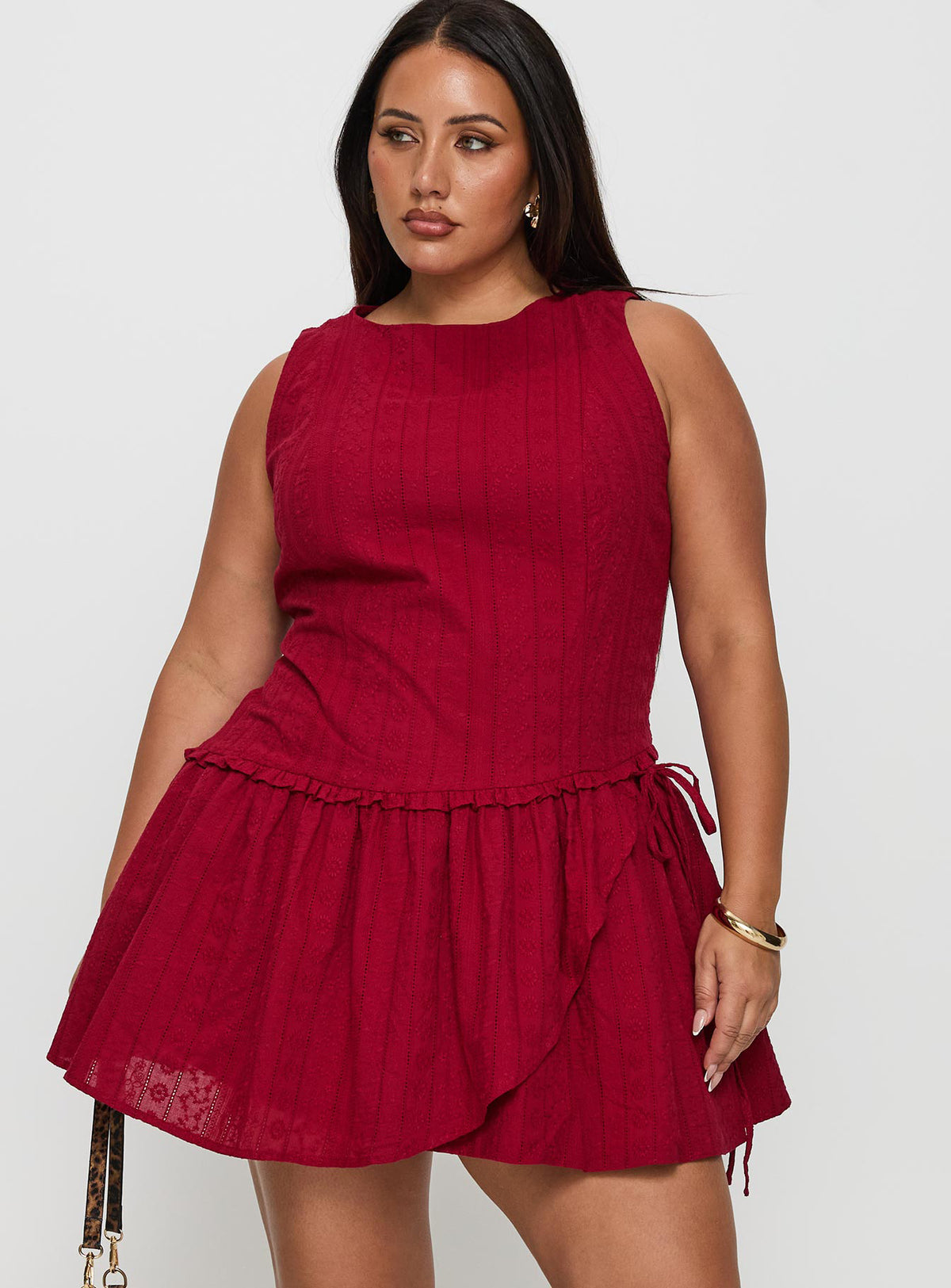 front view of model wearing Princess Polly Cosie Mini Dress Red Curve Crew Neck 