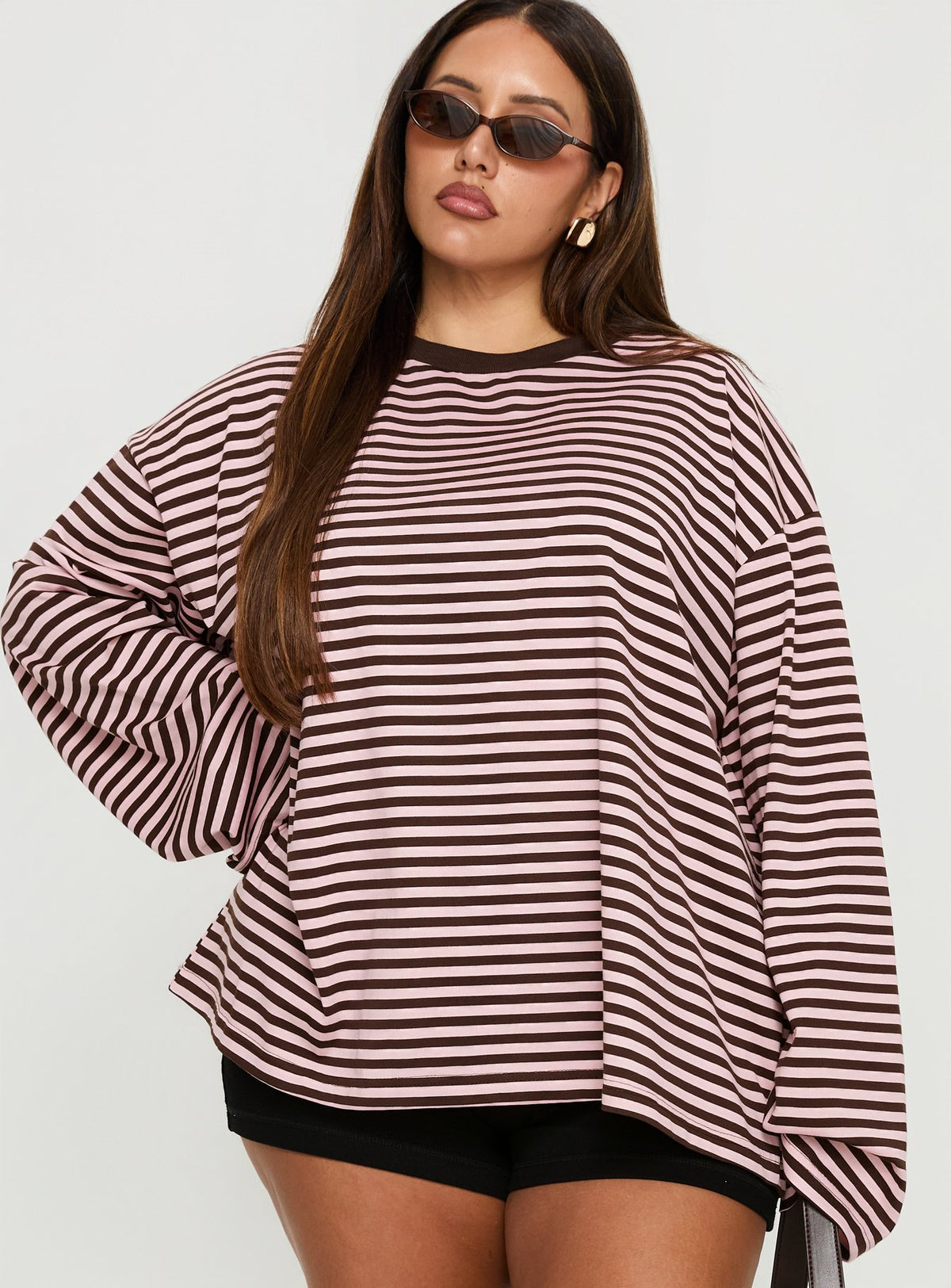 Settle Down Long Sleeve Top Pink / Brown Stripe Curve