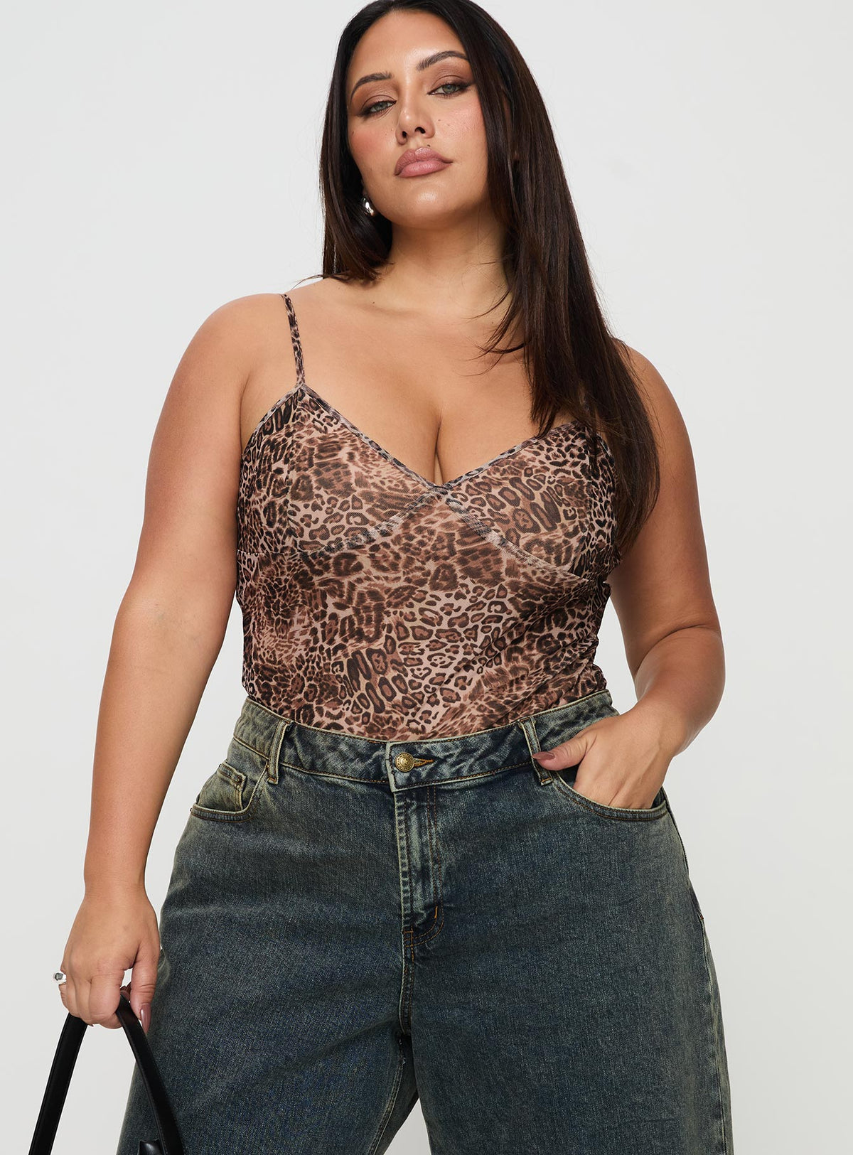front view of model wearing Princess Polly Elixia Bodysuit Leopard Curve Sleeveless Bodysuit 