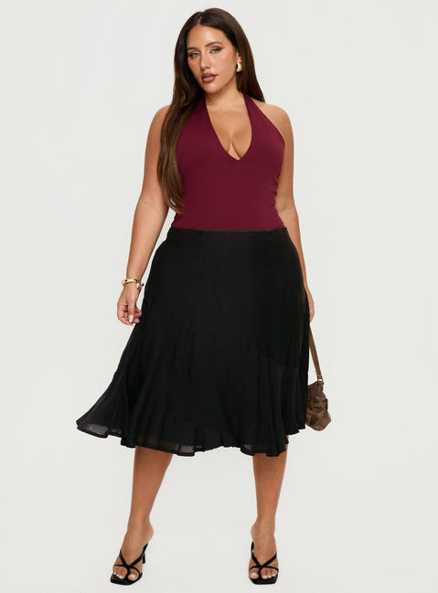   front view of model wearing Princess Polly With Kindness Midi Skirt Black Curve Midi Skirts Skirts 