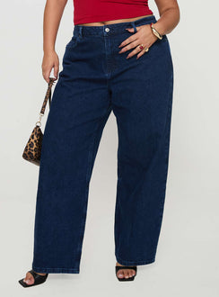 front view of model wearing Princess Polly Britta Mid Rise Tapered Leg Jeans Dark Wash Curve High Rise Jeans Jeans 