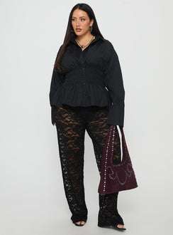 front view of model wearing Princess Polly Peru Lace Pants Black Curve High Rise Pants Pants 