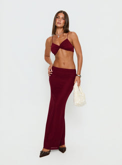   side view of model wearing Princess Polly Delores Ruched Maxi Skirt Red Maxi Skirts Skirts 