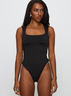 front view of model wearing Princess Polly So Divine Cut Out Bodysuit Black Sleeveless Bodysuit 
