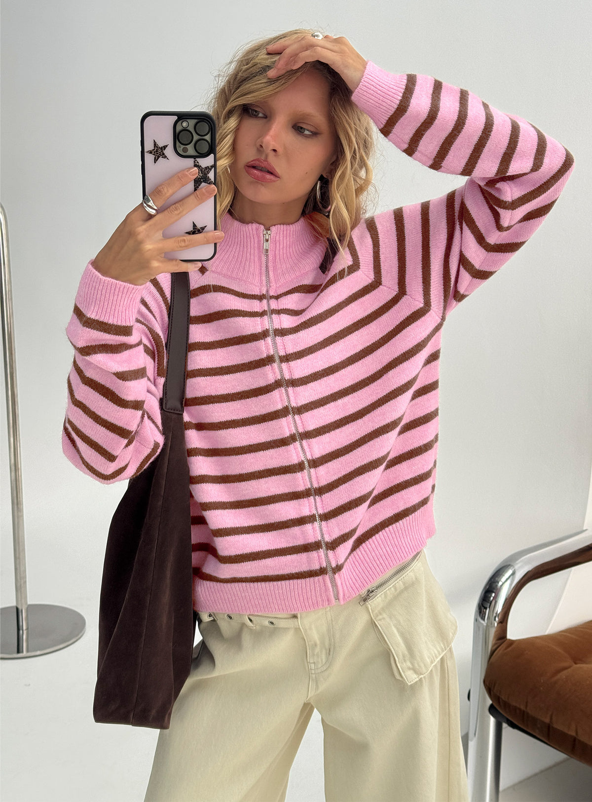 front view of model wearing Princess Polly Kaylei Zip Through Cardigan Pink Stripe regular Jumpers 