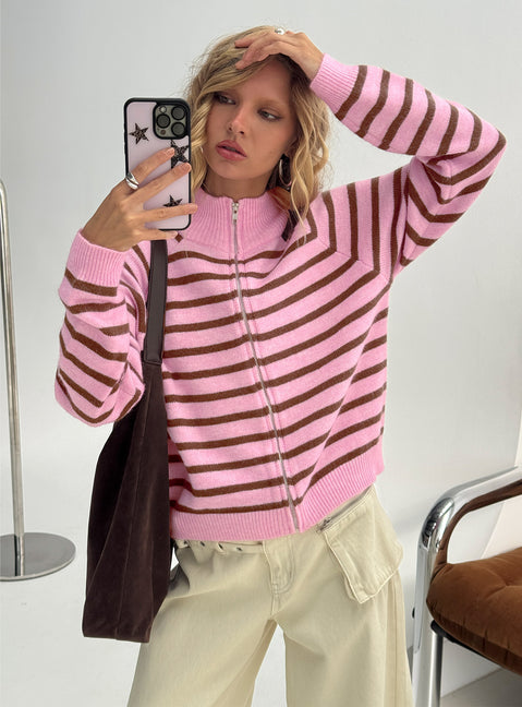 front view of model wearing Princess Polly Kaylei Zip Through Cardigan Pink Stripe regular Jumpers 