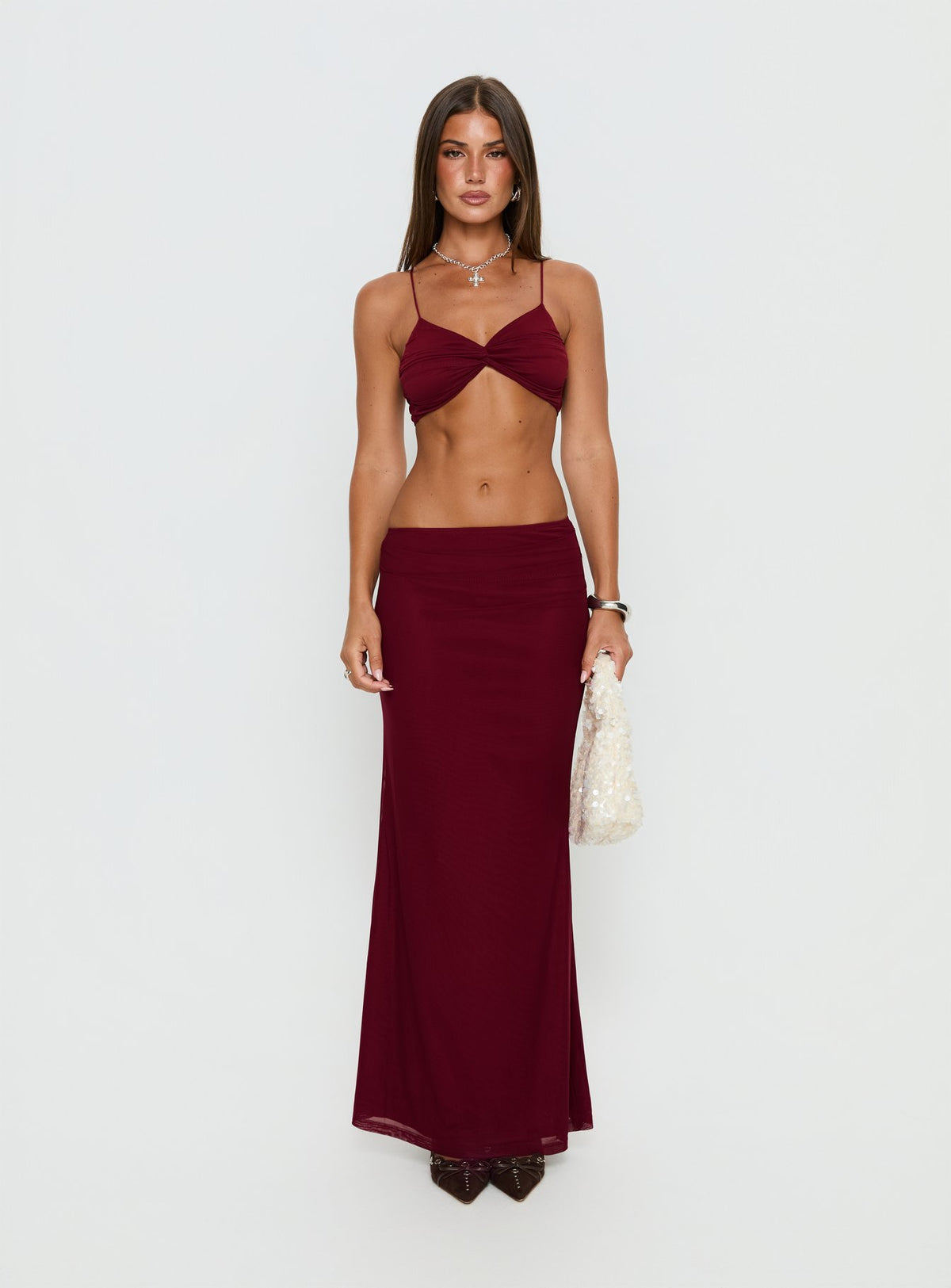   front view of model wearing Princess Polly Delores Ruched Maxi Skirt Red Maxi Skirts Skirts 