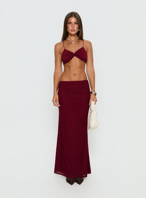   front view of model wearing Princess Polly Delores Ruched Maxi Skirt Red Maxi Skirts Skirts 