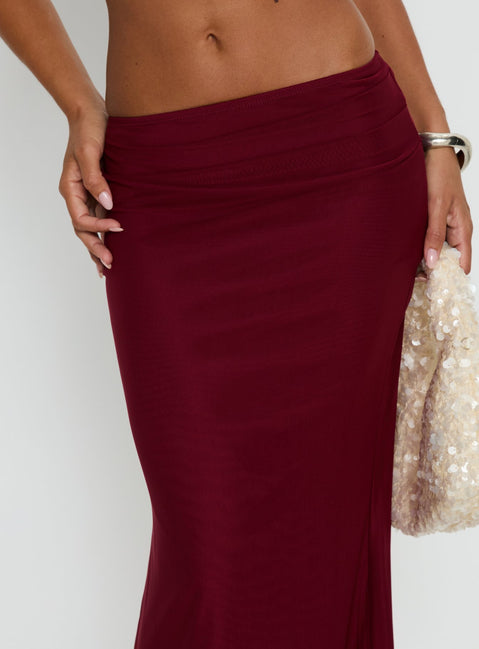 back view of model wearing Princess Polly Delores Ruched Maxi Skirt Red Maxi Skirts Skirts 