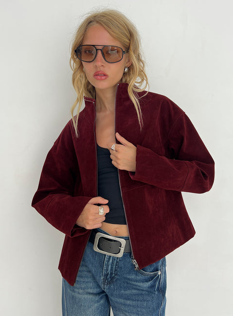 Jessalynn Faux Suede Zip Through Jacket Burgundy