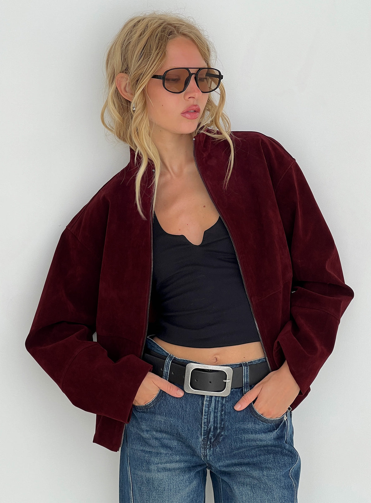 Jessalynn Faux Suede Zip Through Jacket Burgundy