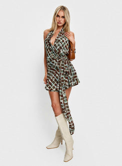 Brissa Halter Wrap Mini Dress Brown Multi