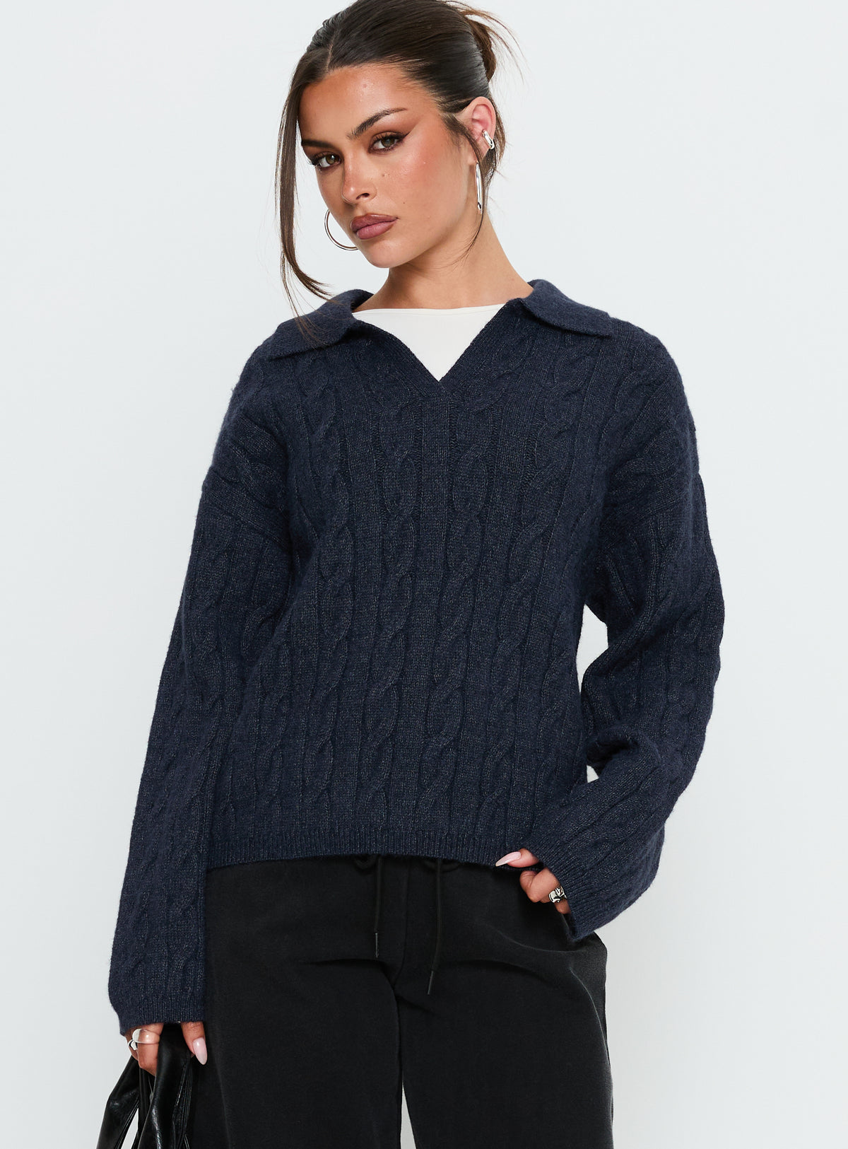 front view of model wearing Princess Polly Brodey Collared Cable Knit Sweater Navy Jumpers 